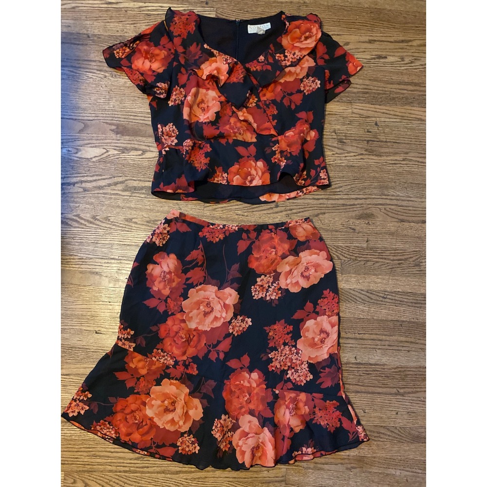 Norton McNaughton Floral Skirt Set Red Orange Black Ruffle Top Midi Skirt 14